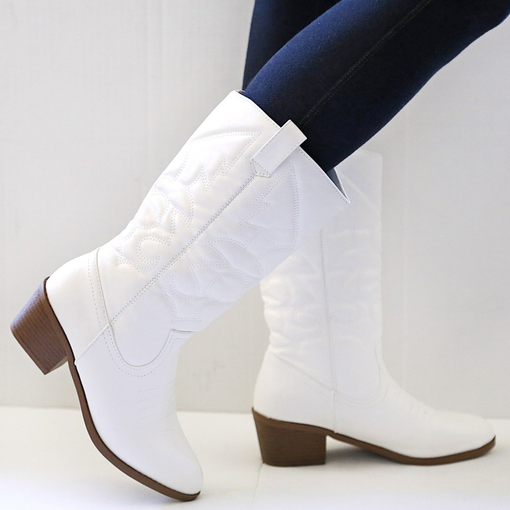 New White Cowboy Western Mid Calf Boots